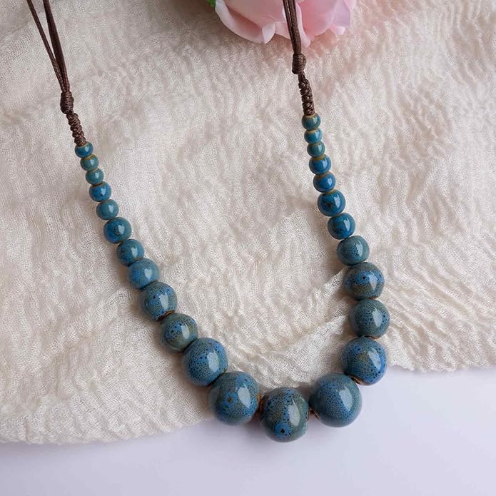 Boho Round Colorful Ceramic Beaded Necklace, Adjustable Hippie Statement Necklace, Handmade Ethnic Jewelry Gift for Women