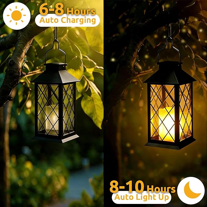 2 Pack 14" Large Tempered Glass Solar Lanterns Outdoor Waterproof | Black retro - Image 5