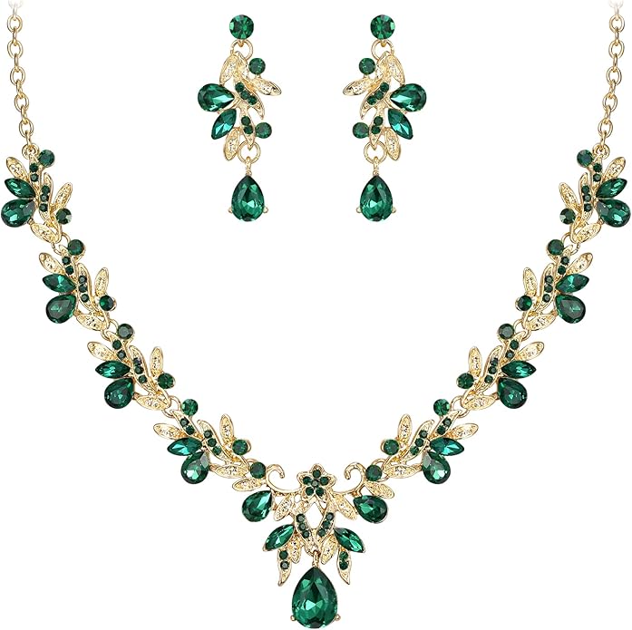 BriLove Women's Wedding Jewelery Set Leaf Flower Crystal Teardrop Marquise Cluster Pendant Necklace Dangle Earrings for Bridal Party