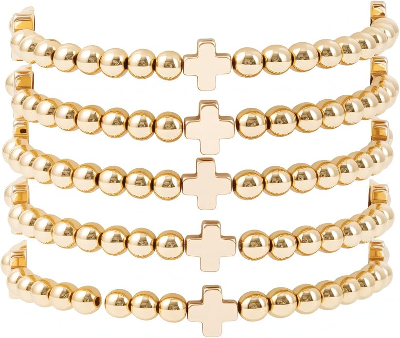 Gold Plated Beaded Bracelets for Women Trendy, 14K Gold Plated Stack Cross Pearl Gold Plated Bead Stretch Bracelets Set Elastic Hypoallergenic Bracelets Jewelry Gifts