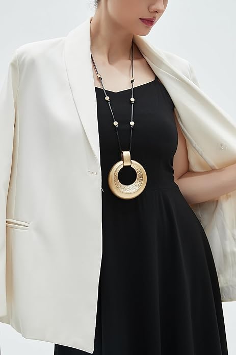 GelConnie Leather Necklace for Women Large Pendant Long Brown Necklace Circle Leather Choker Vintage Sweater Necklace Gold Chunky Boho Necklaces for Women