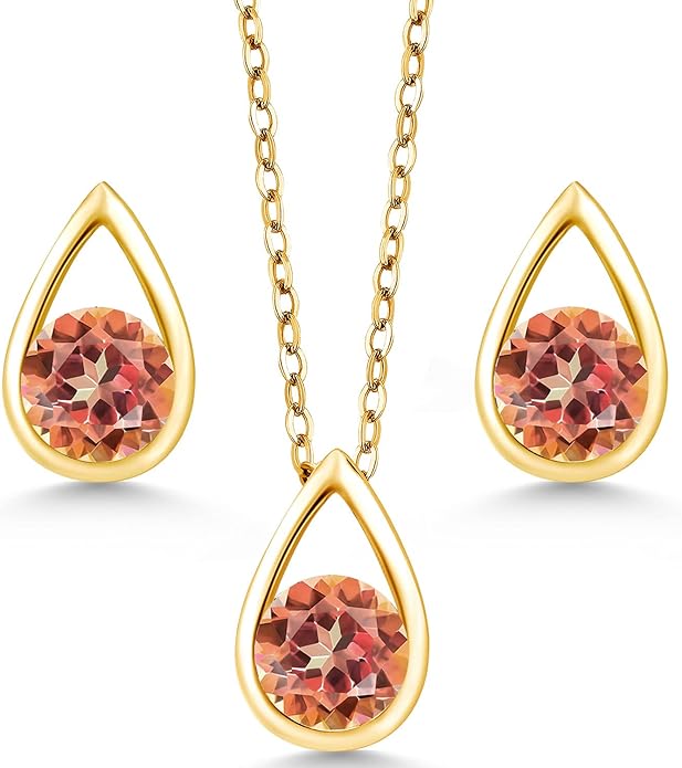 Gem Stone King 18K Yellow Gold Plated Silver 5MM Round Gemstone Birthstone Teardrop Pendant Earrings Set | Jewelry Set for Women | With 18 Inch Chain