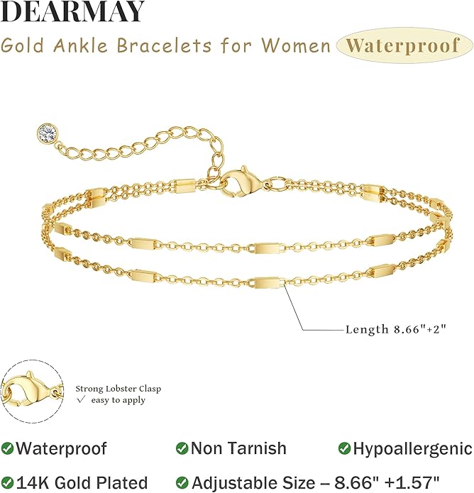 DEARMAY Dainty 14K Gold Plated Ankle Bracelets for Women, Waterproof 14K Gold Plated Link Chain Anklets Non Tarnish Set Pack Summer Beach Jewelry Gift