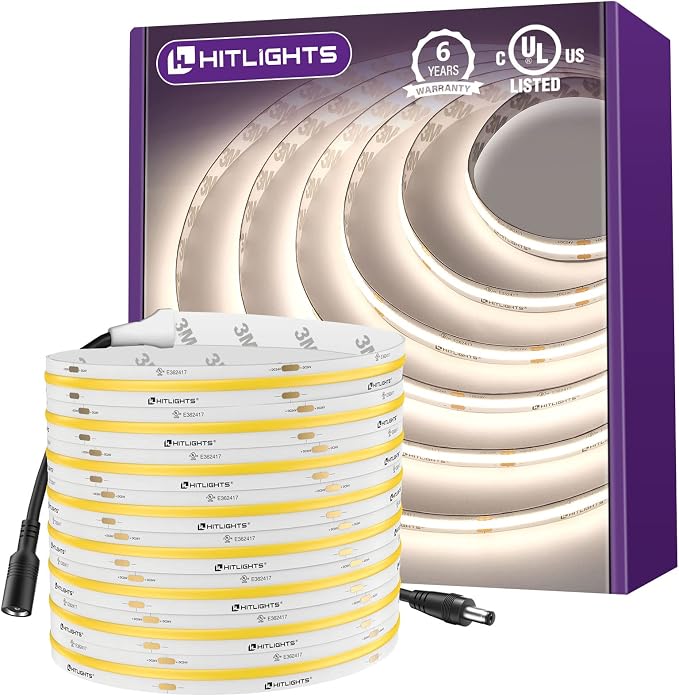 HitLights COB LED Strip Lights Neutral White 4000K, 16.4ft 24V, UL Listed | by HitLights