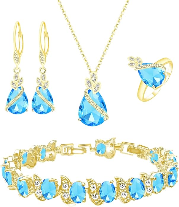 LMXXVJ Jewelry Set for Women,Teardrop Cubic Zirconia Necklace Earrings Adjustable Ring Bracelet Jewelry Set Formal Jewelry Gift