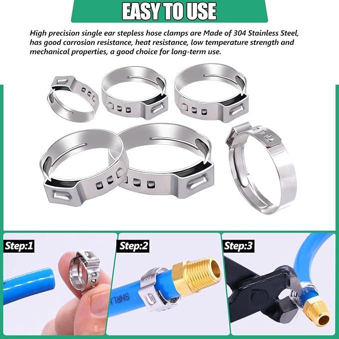 Twidec/48PCS 3/8", Stainless Steel Pex Crimp Rings, Single Ear Hose Clamps - Image 3
