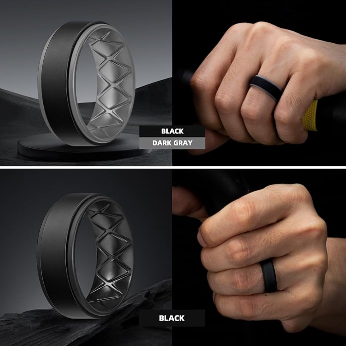 Egnaro Silicone Rings for Men 1/4/5/6/7 Multipack of Breathable Mens Silicone Rubber Wedding Rings Bands - Step Edge