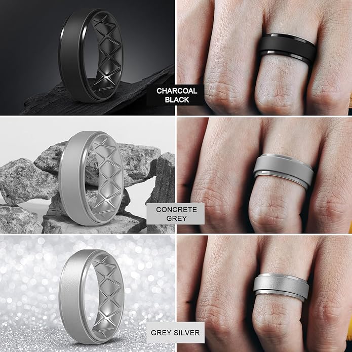 Egnaro Men's Rings 8.5mm Wide-2mm Thick Inner Arc Ergonomic Breathable Rubber Wedding bands-Hypoallergenic for Gym/Outdoor/Gift((1-7 Variety Pack with Half Size)