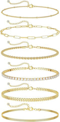DEARMAY Dainty 14K Gold Plated Ankle Bracelets for Women, Waterproof 14K Gold Plated Link Chain Anklets Non Tarnish Set Pack Summer Beach Jewelry Gift