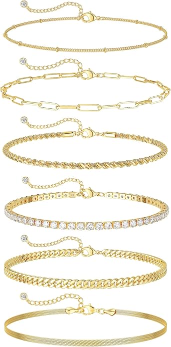 DEARMAY Dainty 14K Gold Plated Ankle Bracelets for Women, Waterproof 14K Gold Plated Link Chain Anklets Non Tarnish Set Pack Summer Beach Jewelry Gift