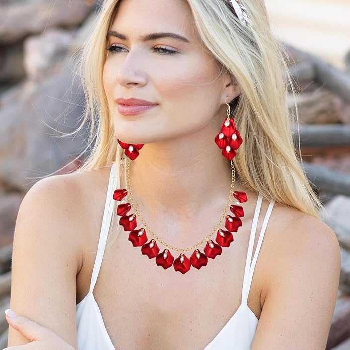 Flower Petal Necklace Earrings Set Layered Statement Beaded Jewelry Set for Women Summer Necklace Earrings