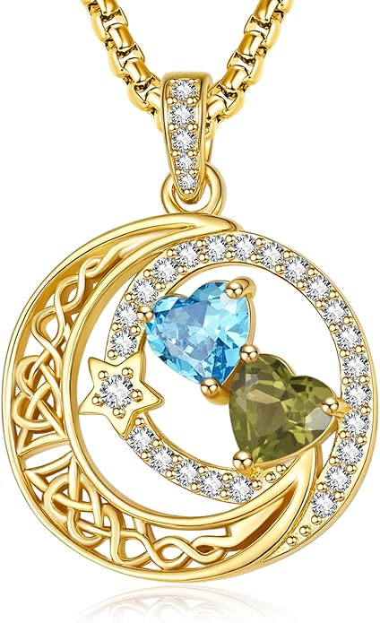 14K Gold Moon and Star Necklace Gifts for Women - Double Heart Birthstone Necklace, Valentines Wedding Anniversary Birthday Gifts for Her Wife Mom Daughter Grandma Sister