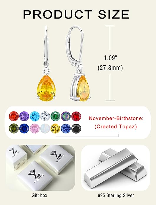 YL 925 Sterling Silver Teardrop Dangle Drop Earrings for Women 7x10 MM Solitaire Birthstone Leverback Jewelry