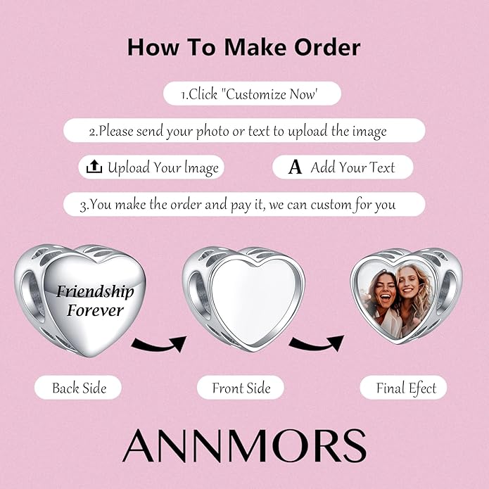 Annmors Personalized Photo Charms For Bracelets/Necklace 925 Sterling Silver Love Heart Shaped Engraved Customize Picture Gift for Birthday Mother's Day,Bead Charms Jewelry for Women