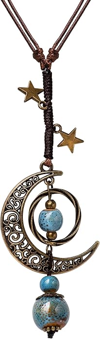 MINACHI Vintage Bohemian Hippie Ceramic Beads Crescent Moon Lariat Necklace, Boho Hippie Statement Jewelry Gift for Women