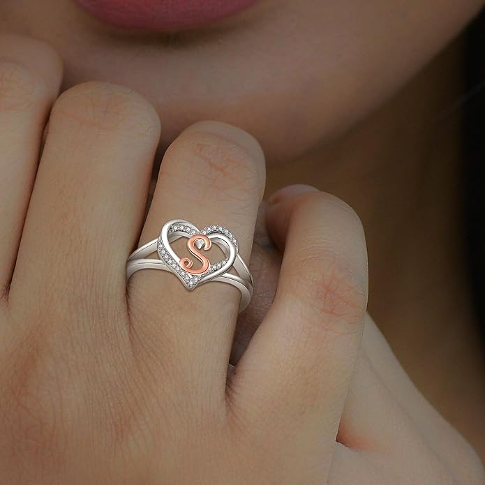 INFUSEU 925 Sterling Silver Initial Heart Ring for Women Girls, Adjustable Size