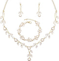 Luxury Cubic Zirconia Aurtrian Crystal Pearl Floral Necklace Dangle Earrings Wedding Bridal Jewelry Set Birthday Gifts for Her