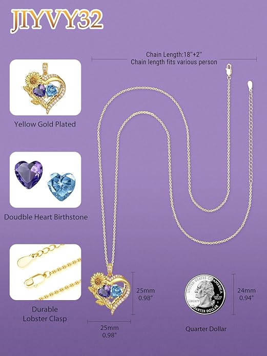 Sunflower Heart Necklace for Women 14K Gold Exquisite Valentines Day Anniversary Birthday Gifts for Wife Mother Her Double Birthstone Pendant Jewelry‘You Are My Sunshine’