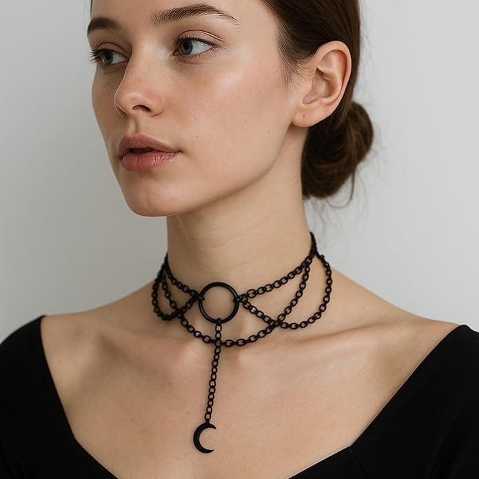Layered Necklace with Zinc Alloy and Bead, Gothic Necklace, Layered Beads Necklace for Women, Black Bead Necklace, Goth Jewelry