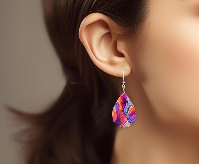 Teardrop Wood Earrings Light Weight Printed Image Dangle Jewelry, Fun and Funky Earrings