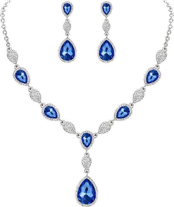 EleQueen Women's Cubic Zirconia Teardrop Y-Necklaces Dangle Earrings Jewelry Sets for Brides Bridesmaids