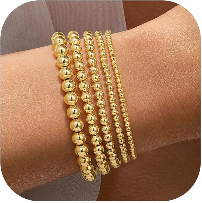 Yoosteel Valentines Day Gifts for Her Kids Teen Girl - 14K Gold Plated Dainty Round Beaded Ball Pearl Cross Bracelet Stack Set for Women Trendy Non Tarnish Teenage Girls Stackable Jewelry Gift