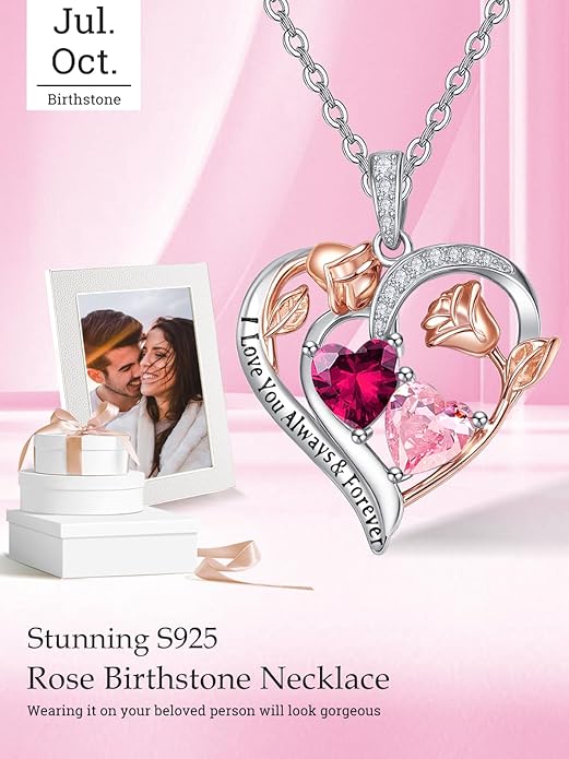 Valentine's Day Gifts for Wife 925 Sterling Silver Double Birthstone Pendant Necklaces I Love You for Always and Forever Necklace Anniversary Birthday Gifts for Wife Girlfriend Mom Her