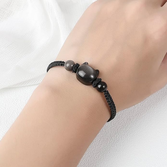 Money Attraction Cat Bracelet - Black Obsidian Women Bracelets -Wealth Prosperity Abundance Stone Bead Bracelet, Entrepreneur Business Luck Beaded Bracelets,Spiritual Mood Energy Cute Protection Stretch Bracelet,Health Good Luck Feng Shui Bracelets For...