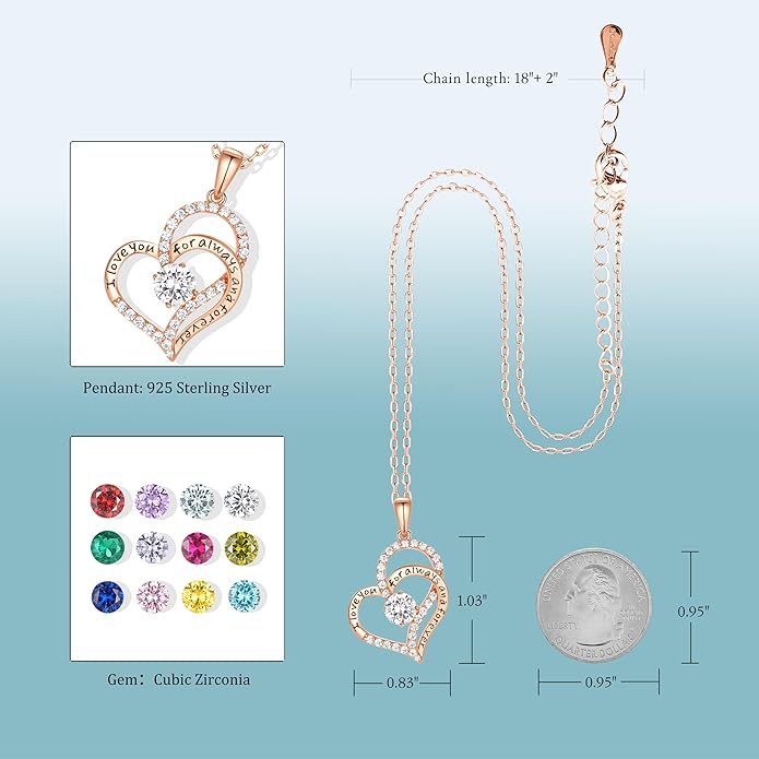 Birthday Gifts Double Heart Birthstone Necklace for Women, S925 Sterling Silver Pendant Necklace Jewelry for Her Mother Mom Wife Girlfriend