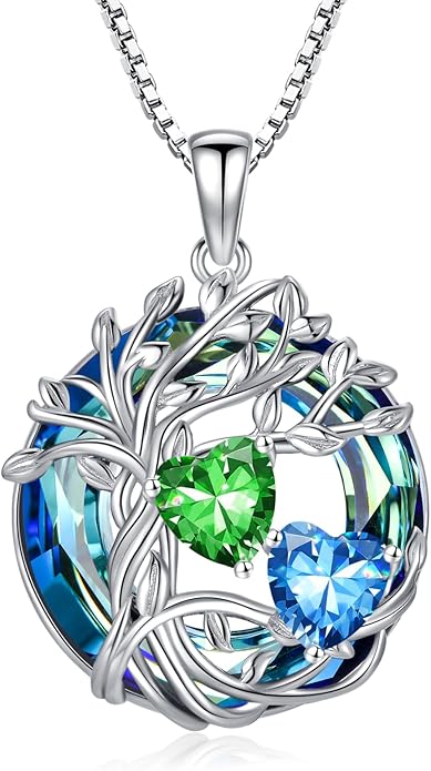 TOUPOP s925 Sterling Silver Family Celtic Tree of Life Pendant Necklaces with 2 Heart Birthstone with Blue Austrian Crystal Jewelry Birthday Valentines Day Gifts for Her, Anniversary Christmas Gifts for Wife Girlfriend Mom (18K Real White Gold Filled)
