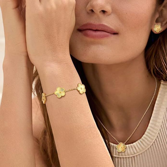 Gold Necklaces Bracelets Earring Set - 18K Gold Plated Flower Bracelet Chain,Stainless Steel Non Tarnish Floral Pendant Stud Jewelry Sets,Christmas Birthday Lucky Gift for Mom Wife Daughter Girlfriend