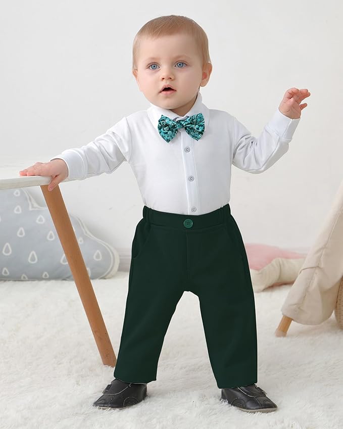 DISAUR Baby Boy Clothes Toddler Boy Outfits 4PCS Gentleman Dress Romper/Vest/Pants/Bow Tie Cotton Suit Sets