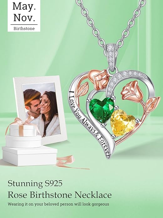 Valentine's Day Gifts for Wife 925 Sterling Silver Double Birthstone Pendant Necklaces I Love You for Always and Forever Necklace Anniversary Birthday Gifts for Wife Girlfriend Mom Her