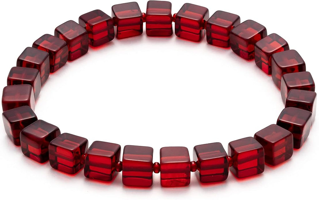 Natural Red Baltic Amber Bracelet for Women and Men – Stretch Wristband with Polished Cube Beads, Lightweight Unisex Jewelry Gift for Daily and Casual Wear (Red)