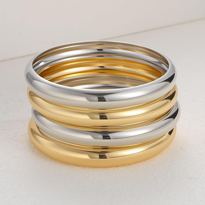 YEEZII Gold Bangle Bracelets for Women, 7Pcs 14K Gold Plated Boho Indian Multi Stackable Textured Bracelets, Chunky Bangles Set for Women Jewelry Gifts