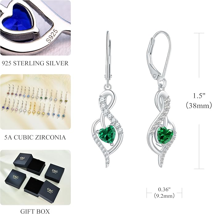 Infinity Heart Dangle Drop Earrings for Women, 925 Sterling Silver Birthstone Leverback Earrings, Birthday Anniversary Valentines Day Jewelry Gifts for Women Mom Her