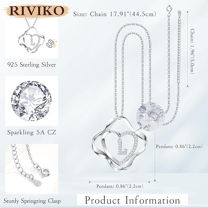 RIVIKO Valentines Day Gifts for Her-Love Knot Initial Necklace,925 Sterling Silver Letter Pendant Necklaces,Personalized Alphabet Jewelry Christmas Birthday Gifts for Women Wife Mom Friend