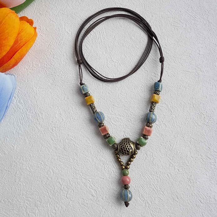 Adjustable Ceramic Beaded Necklace for Women, Boho Handmade Flower Pendant Necklace, Hippie Jewelry for Mom and Wife