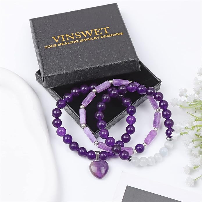 Healing Crystal Beaded Bracelets for Women,Natural Amethyst Gemstones Bracelet,Anxiety Stress Relief Heart Charm Bracelet Handmade purple Jewelry Gifts for Women