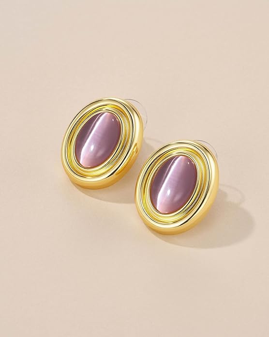 18K gold plated Medium Oval Button Chunky Statement Earrings for Women by SNGIA, (Turquoise, Carnelian, Aventurine, Amethyst, Malachite, Cat Eye, White, Cream) Bold Handmade Colored (Red, Blue, Green, White, Cream, Purple) Exaggerated Dome Retro Rounde...