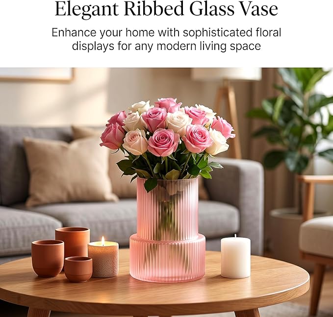 Pink Ribbed Glass Vase, Modern Decorative Flower Vase | Home Decor, Living Room - Image 3