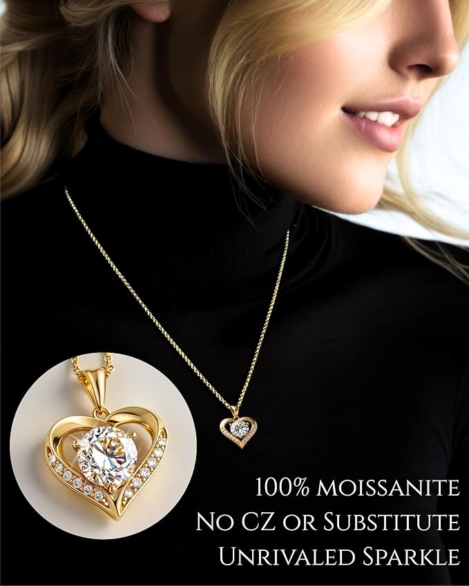 Moissanite Necklace for Women - 14k Gold Heart Necklaces - Moissanite Pendant 2 - 3 Carat - Valentines Day Love for Women - Jewelry Gift for Anniversary, Girlfriend Birthday - Jewelry for Wife from Husband