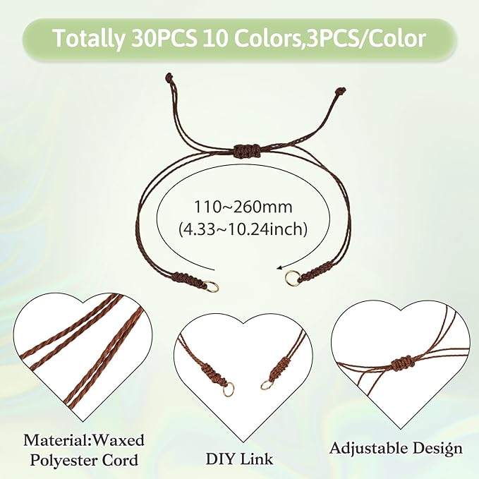 30Pcs Braided Adjustable Cord for Bracelet,Waxed Polyester Cord Adjustable Bracelet,Semi Finished Friendship Bracelet String,Knot Rope Handmade Braid String for Jewelry Making DIY Craft