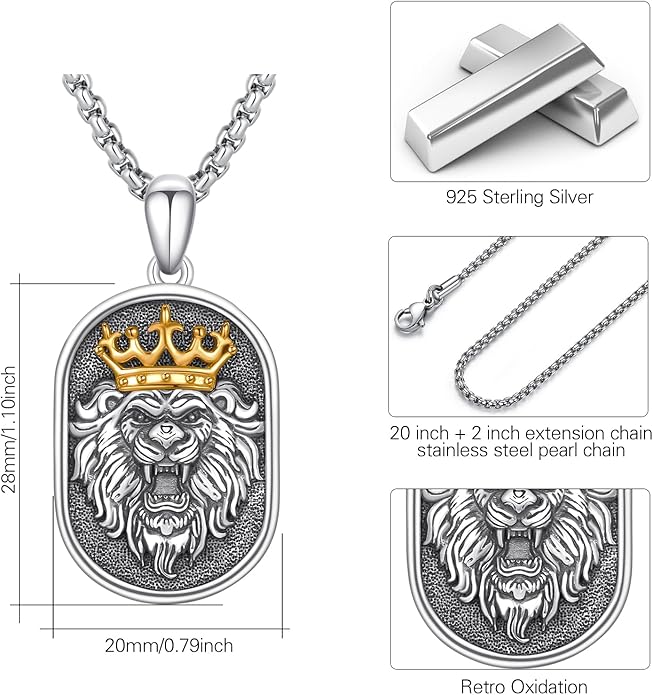 Cuoka Lion Necklace for Men Women S925 Sterling Silver King Retro Punk Gothic Hip Hop Rock Animal Lion Head Pendant Charm Jewelry Chain Necklace Viking Protection Amulet Necklaces