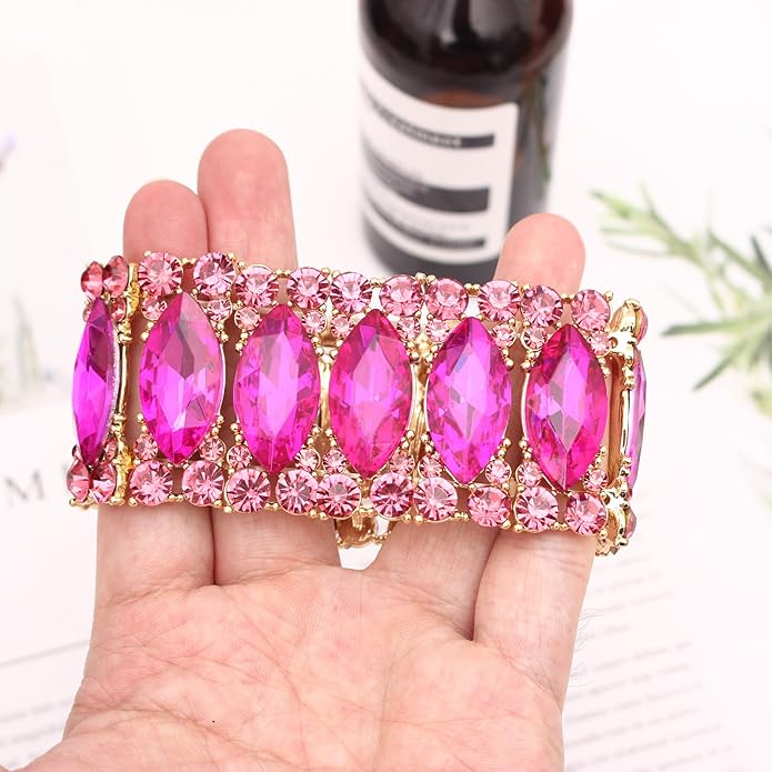 Women’s Elegant Wedding Bridal Crystal Double Row Marquise-Shape Leaf Stretch Bangle Bracelet Bride Jewelry for Women