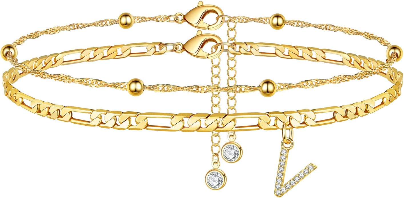 Ursteel Ankle Bracelets for Women, 14K Gold Plated Dainty Layered Chain CZ Initial Anklets Summer Jewelry Gifts for Women
