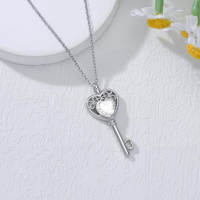 WSX Heart Key Birthstone Necklace for Women 925 Sterling Silver Love Key Pendant with Birthstone Valentine's Day Anniversary Jewelry Gift for Her