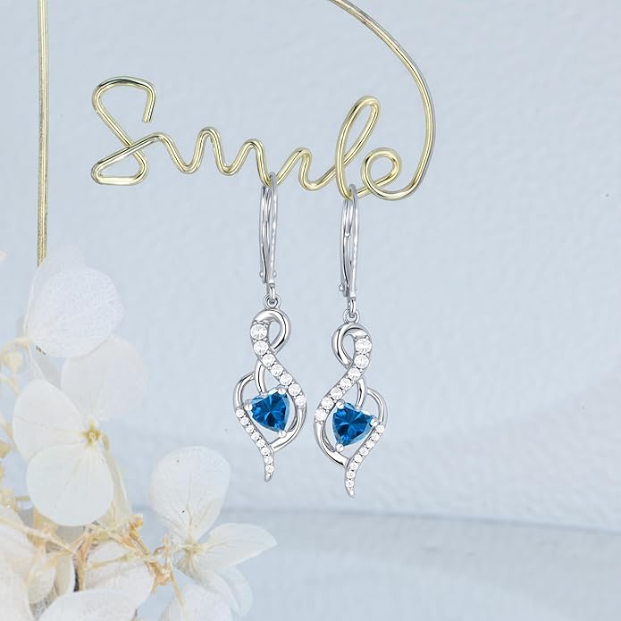 Infinity Heart Dangle Drop Earrings for Women, 925 Sterling Silver Birthstone Leverback Earrings, Birthday Anniversary Valentines Day Jewelry Gifts for Women Mom Her