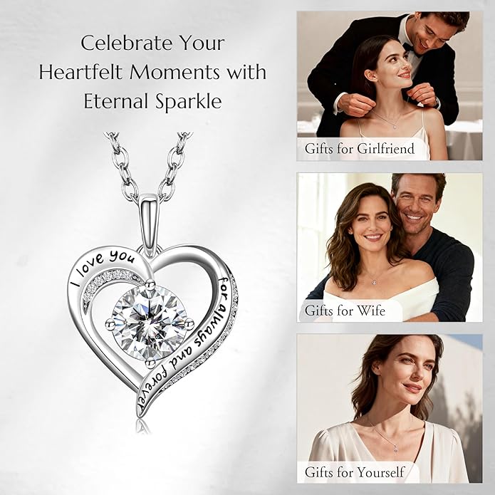 NORBU Moissanite Necklace for Women, 1 CT D Color VVS1 Clarity Round Cut, 925 Sterling Silver Heart Necklace with 18K White Gold Plated, Jewelry Gift for Wedding Anniversary Birthday Christmas Valentine's Day