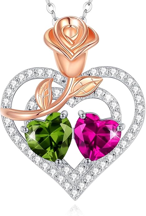 AGVANA Valentines Day Gifts Birthstone Necklace for Women Sterling Silver Rose Flower Heart Double Birthstone Jewelry Pendant Necklace Anniversary Birthday Gifts for Women Mom Wife Girlfriend Her